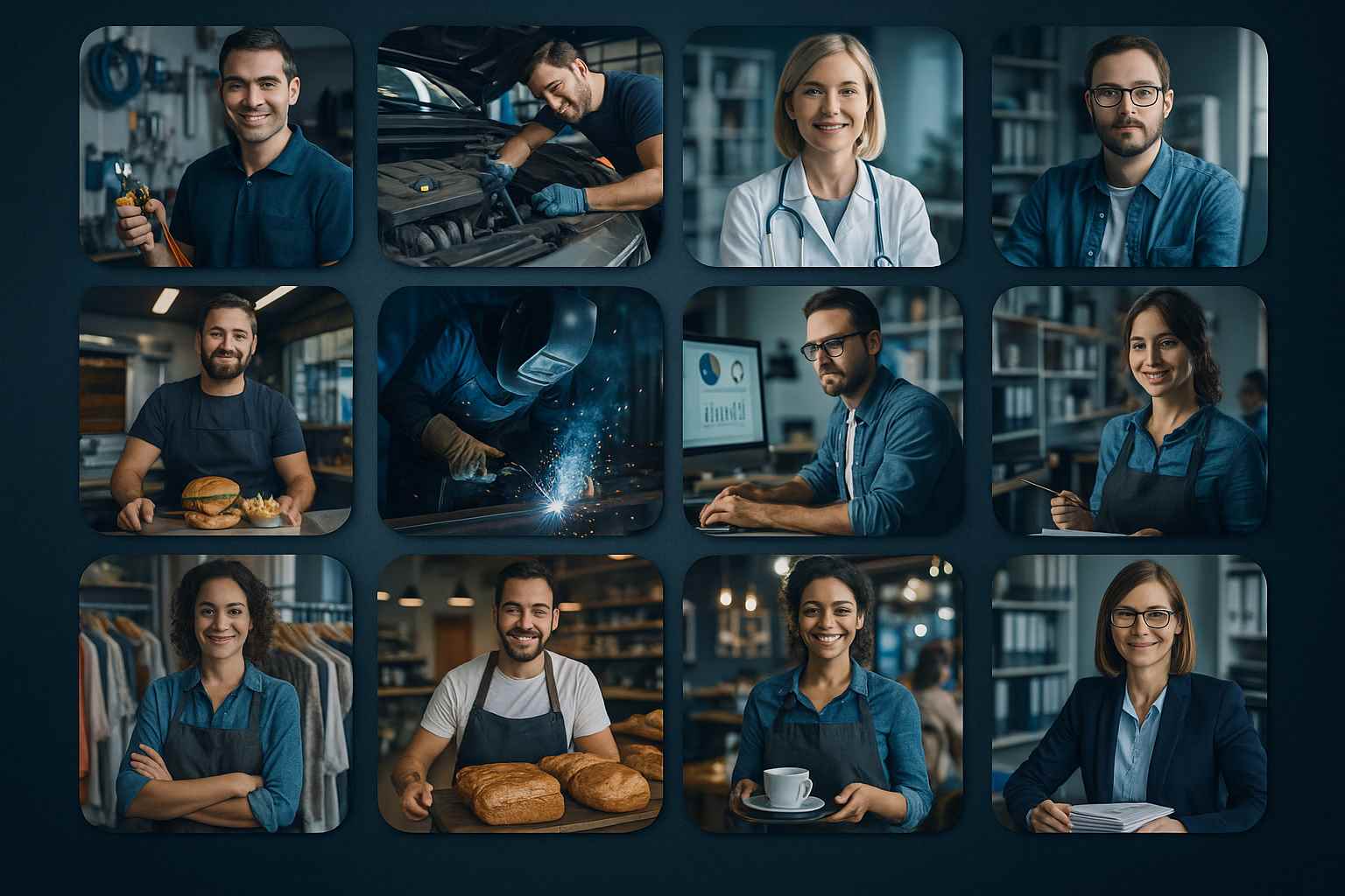 Branchen-Kacheln: Handwerk, Auto, Gastro, Arzt, Metallbau, Werbung u. a.